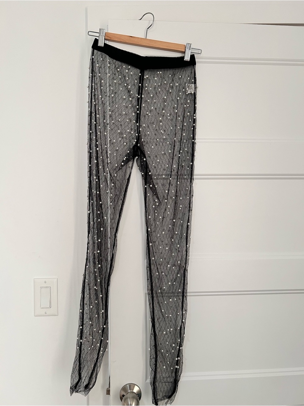 Sheer Black Mesh Pearl-Embellished Trousers size S